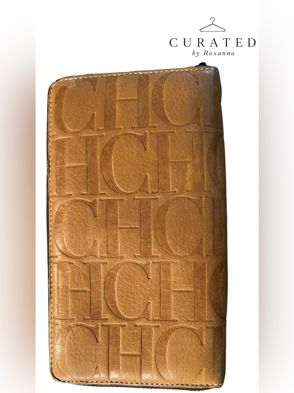 Carolina Herrera CH Cognac Embossed Leather Zip Around Continental Wallet